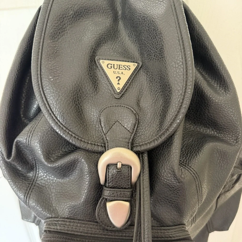 Guess 90s Drawstring Backpack Black Leather Bag Silver Buckle Grunge Retro VTG